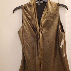 Kasper Gold Metallic Sleeveless V-Neck Tie Blouse